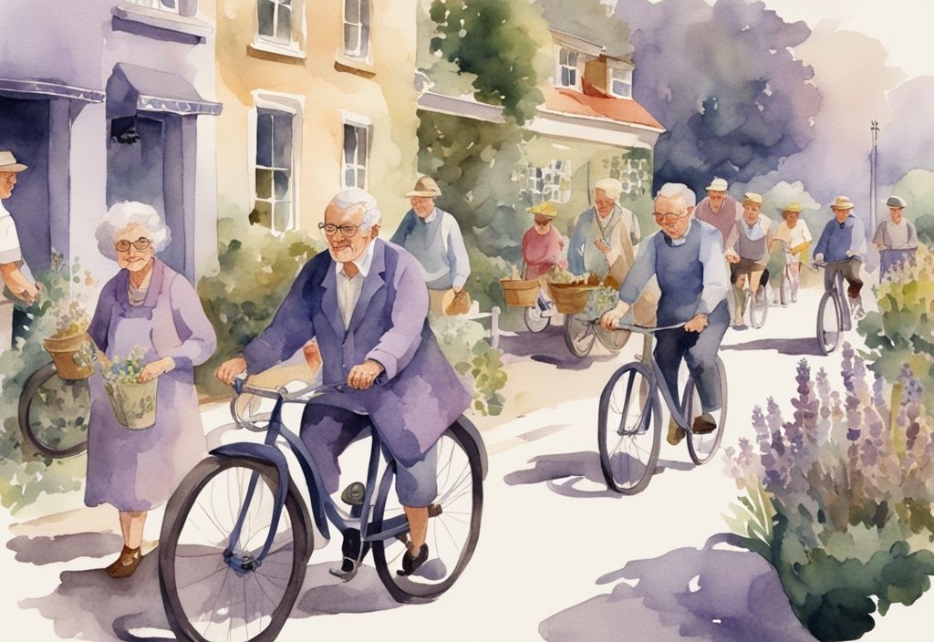 Vintage watercolor illustration of elderly individuals cycling, reading, and gardening in a modern European city, promoting the concept of Towards Age Friendly Europe.