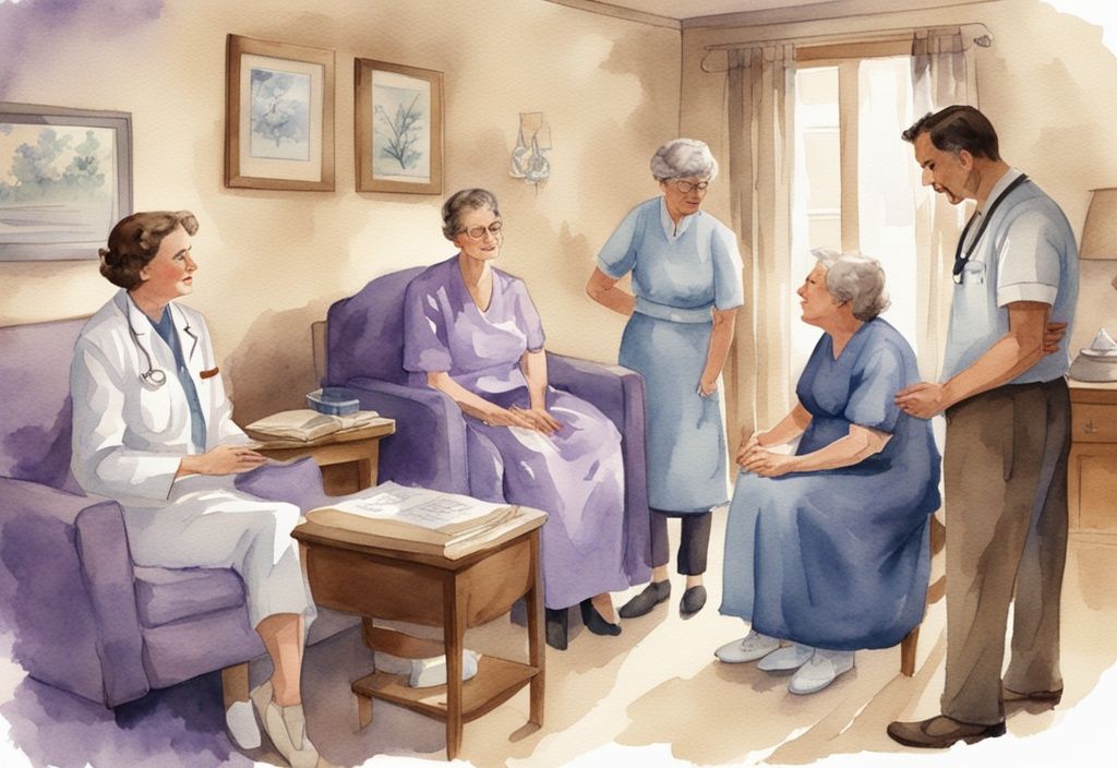 Vintage watercolor illustration of a healthcare professional explaining how does hospice work to a family in a calm, comforting lavender-themed environment.