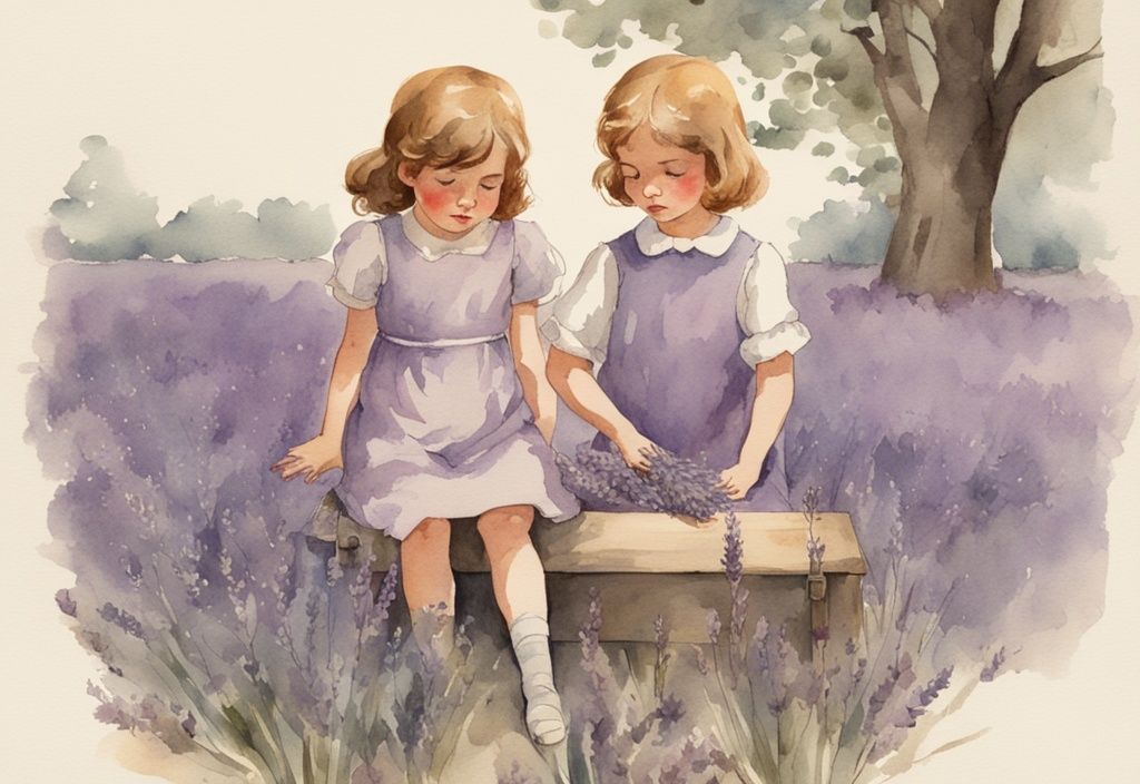 Vintage watercolor illustration of two children with a lavender theme, one fading into the background, symbolizing losing a sibling.