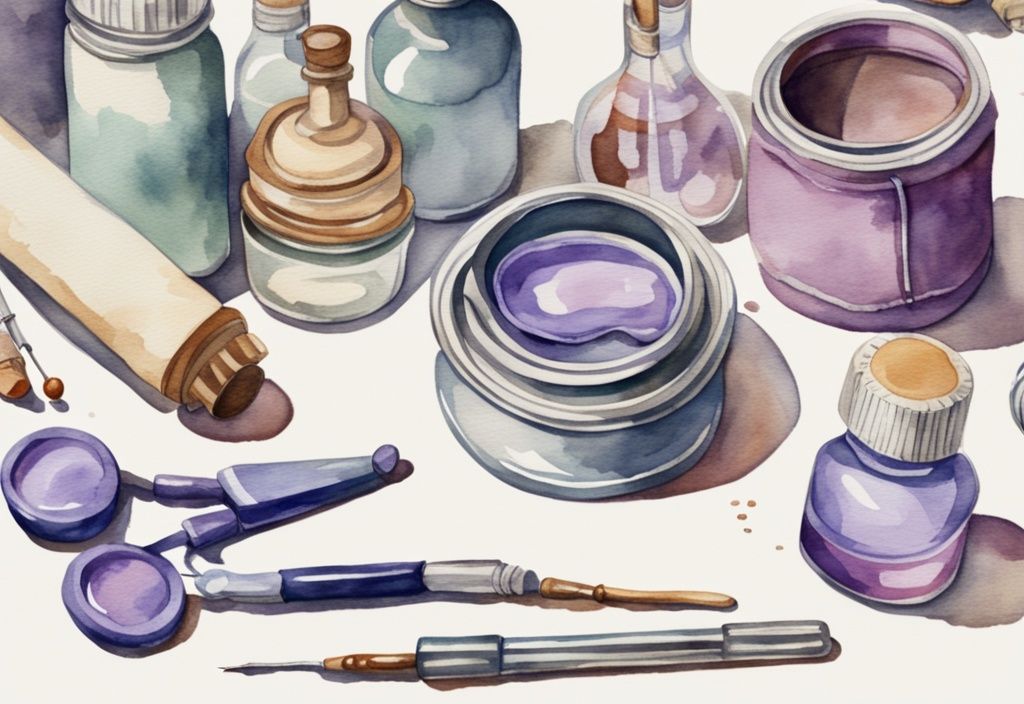 Vintage watercolor illustration of medical supplies including stethoscope, syringes, bandages, and pills on a white table, with a lavender color theme