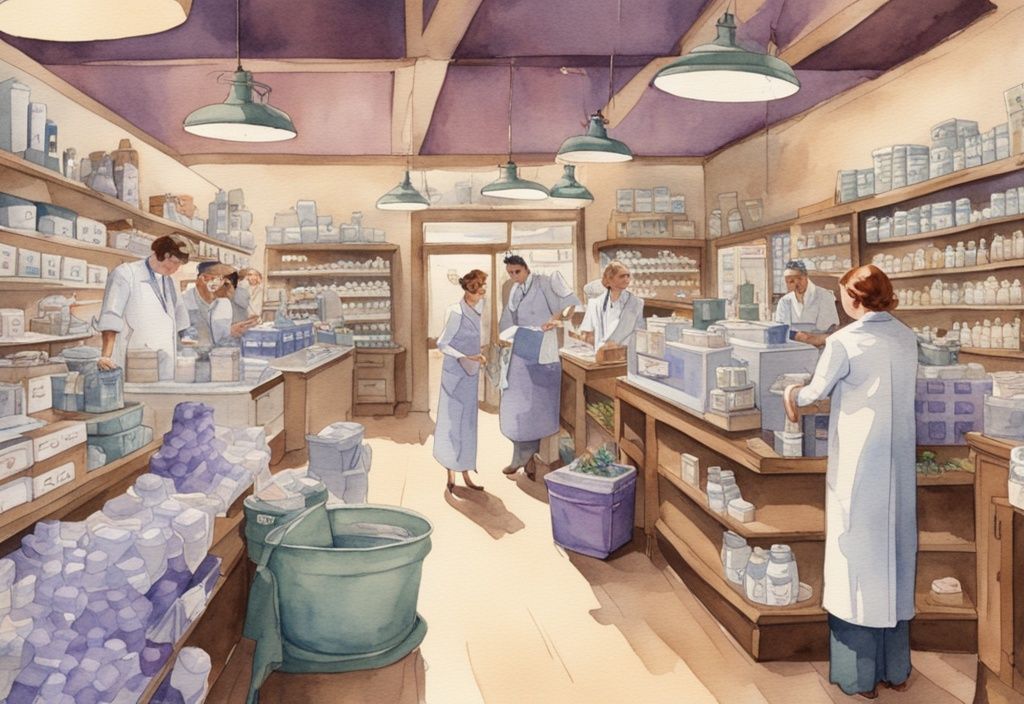 Vintage watercolor illustration of a bustling medical supply store in Sacramento with lavender theme, showcasing healthcare products and interactions between customers and staff.