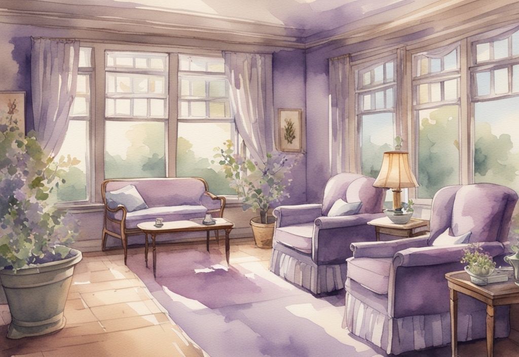 Vintage watercolor illustration of the best hospice room with lavender theme, large windows, soft lighting, comfortable furniture, and peaceful outdoor view.