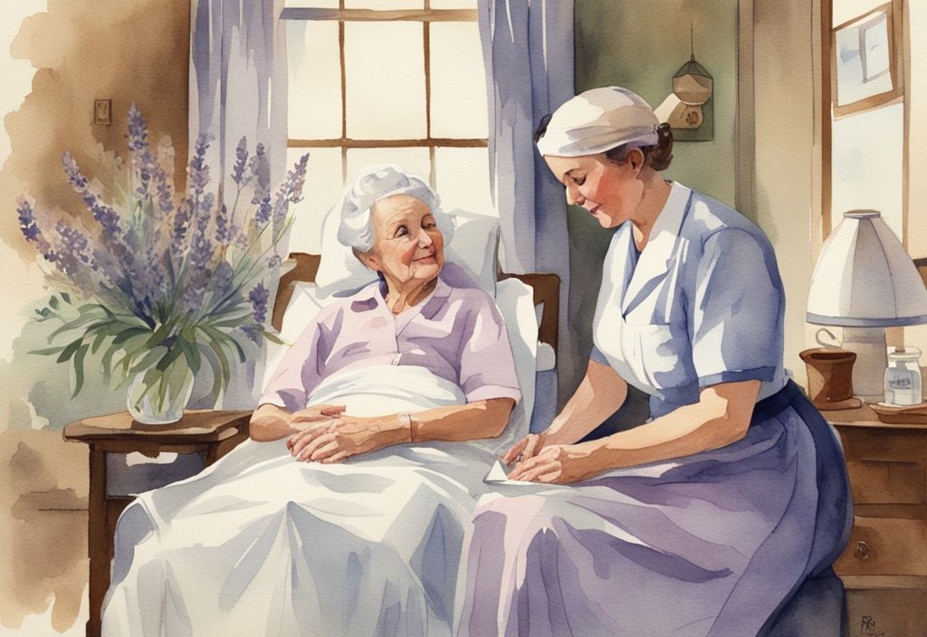 Vintage watercolor illustration of a nurse caring for an elderly patient in a lavender-themed home setting