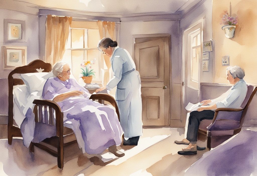 Vintage watercolor illustration of a hospice physician comforting a patient and family in a serene, lavender-themed room.