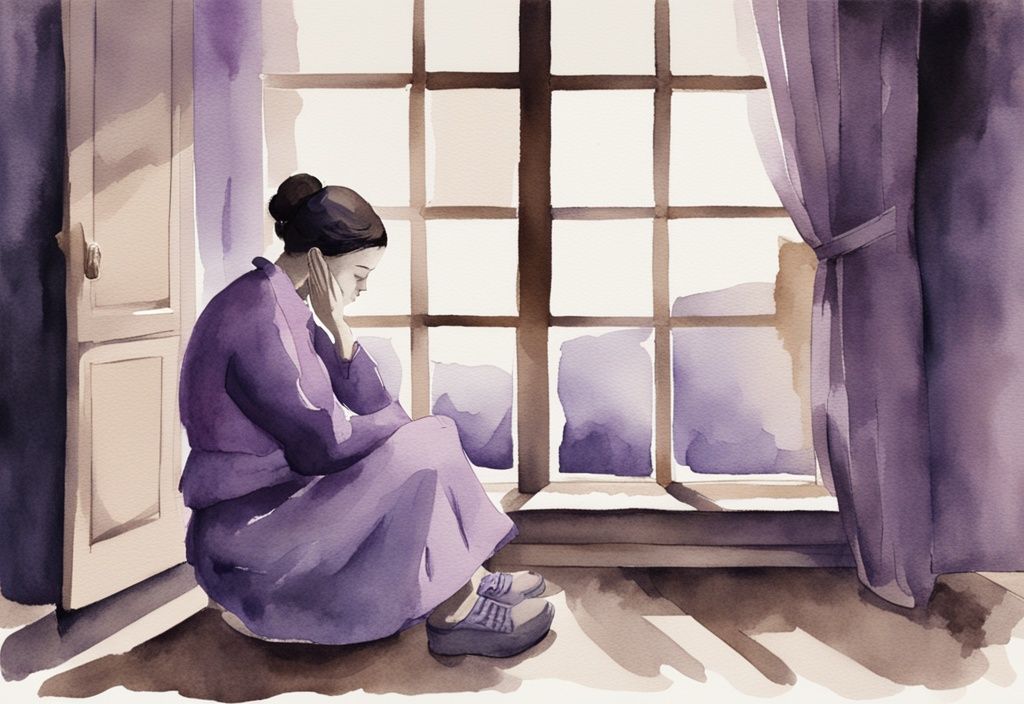 Vintage watercolor illustration of a person sitting alone in a dimly lit room, face buried in hands, symbolizing isolation and symptoms of grief.