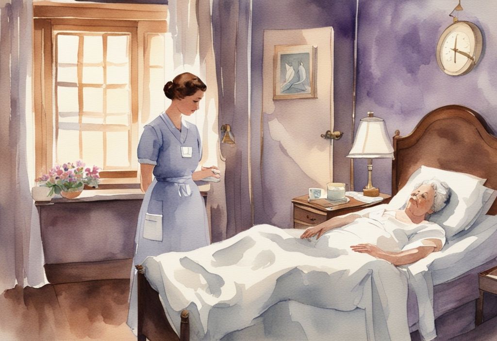 Vintage watercolor illustration of a serene inpatient hospice room with a comfortable bed, soft lighting, and a nurse attending to a peaceful patient.