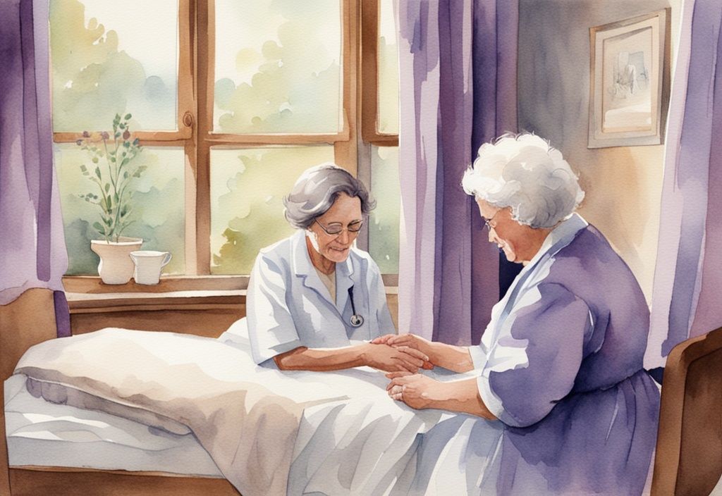 Vintage watercolor illustration of a compassionate healthcare professional interacting with a patient in a serene hospice setting, highlighting hospice jobs.