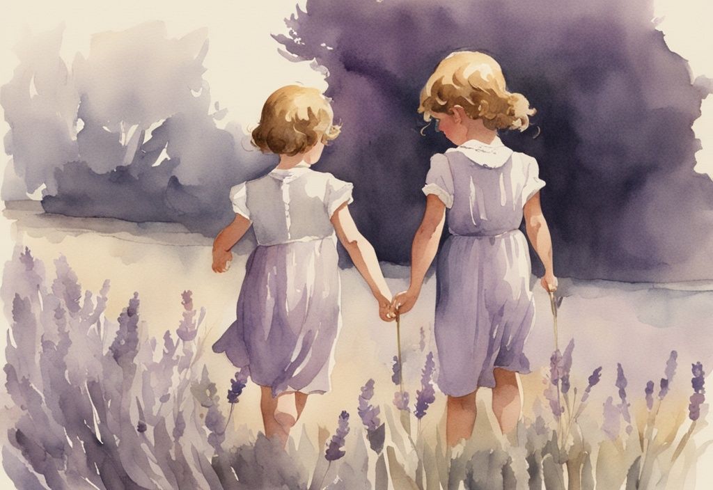 Vintage watercolor illustration of two children with a lavender theme, one fading into the background, symbolizing losing a sibling.