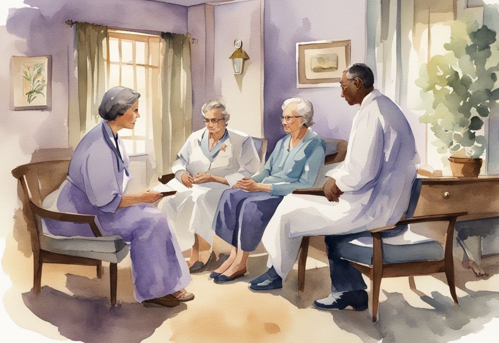 Vintage watercolor illustration of a compassionate healthcare professional discussing inpatient hospice care qualifications with a concerned family in a calm, comforting environment, main color theme lavender.