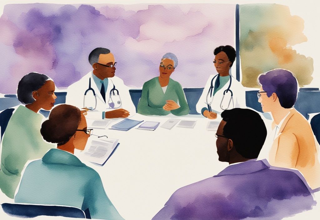 Vintage watercolor illustration of diverse health professionals in a meeting, SAMHSA logo on projector screen, lavender color theme