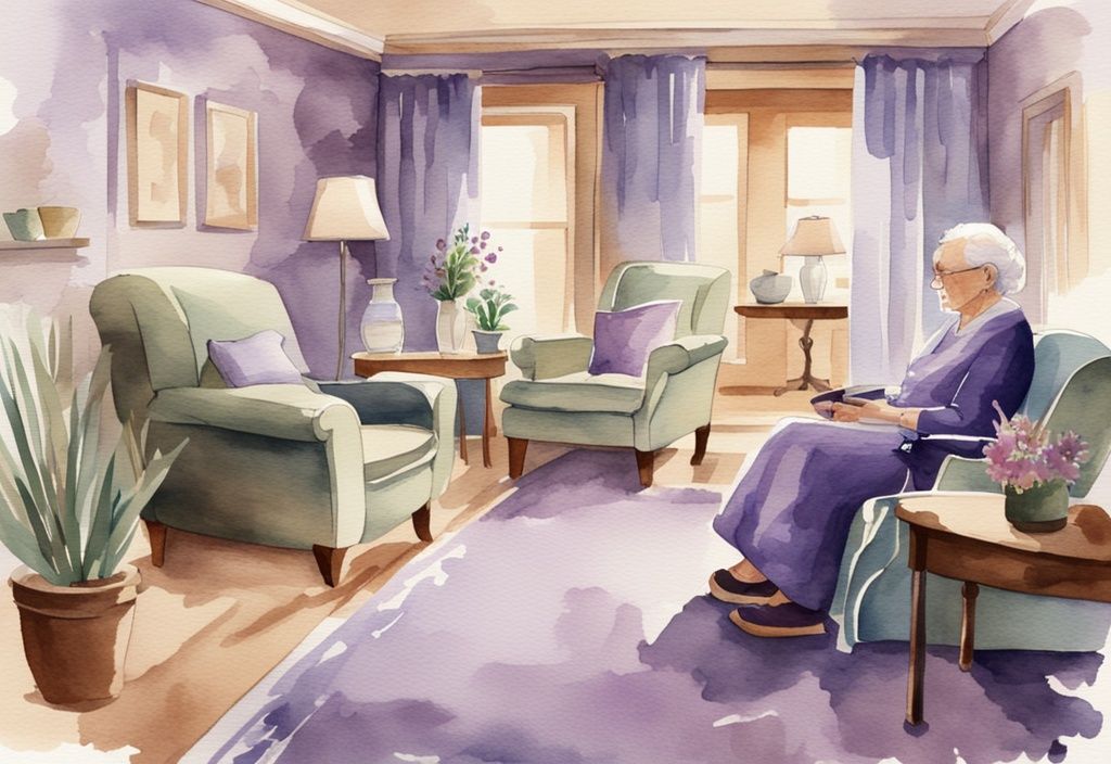 Vintage watercolor illustration of a comforting living room with a professional caregiver providing compassionate care to a senior patient, symbolizing hospicio en casa.