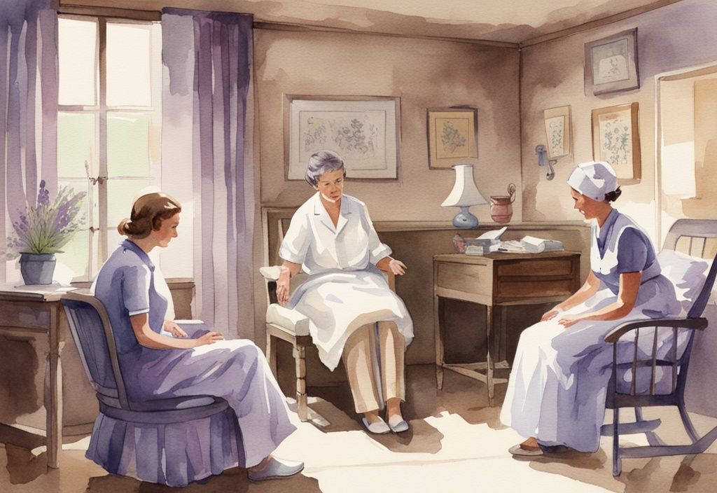 Vintage watercolor illustration of a hospice admission nurse discussing procedures with a concerned family in a peaceful, homely environment, main color theme lavender.