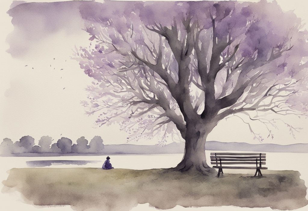 Vintage watercolor illustration of a lone figure on a park bench under a leafless tree with overcast skies, main color theme lavender.