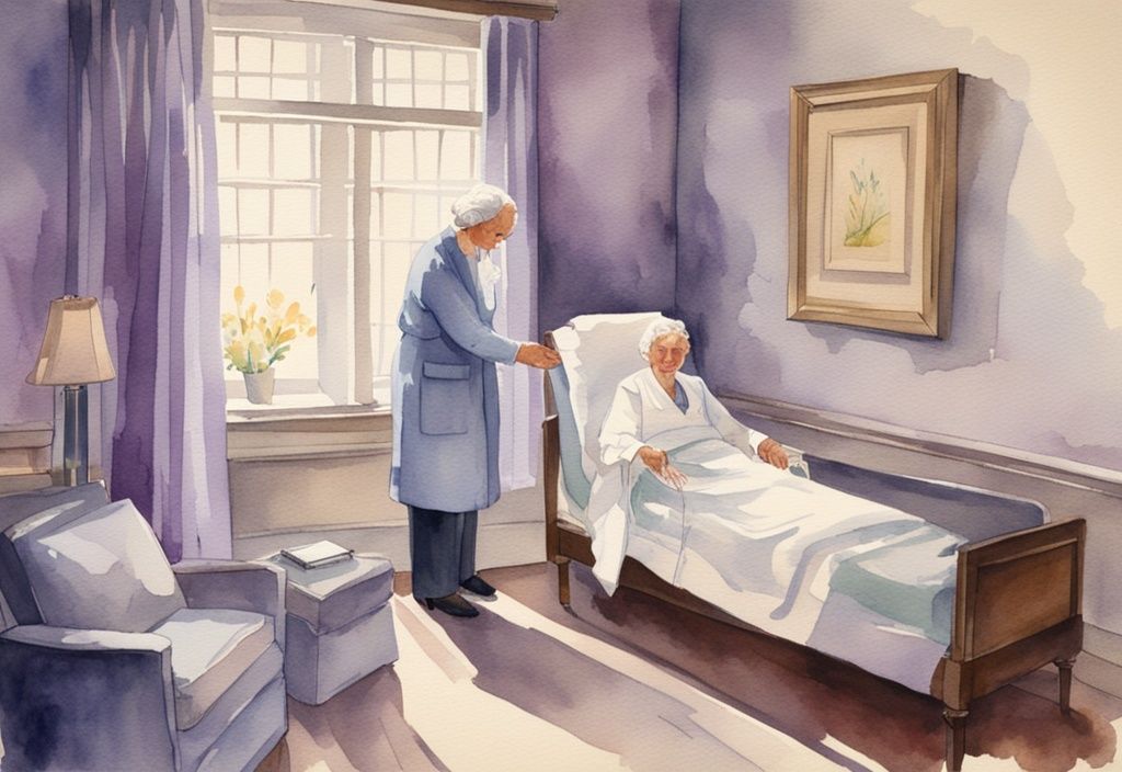 Vintage watercolor illustration of a hospice physician holding an elderly patient's hand in a serene room, conveying comfort and understanding.