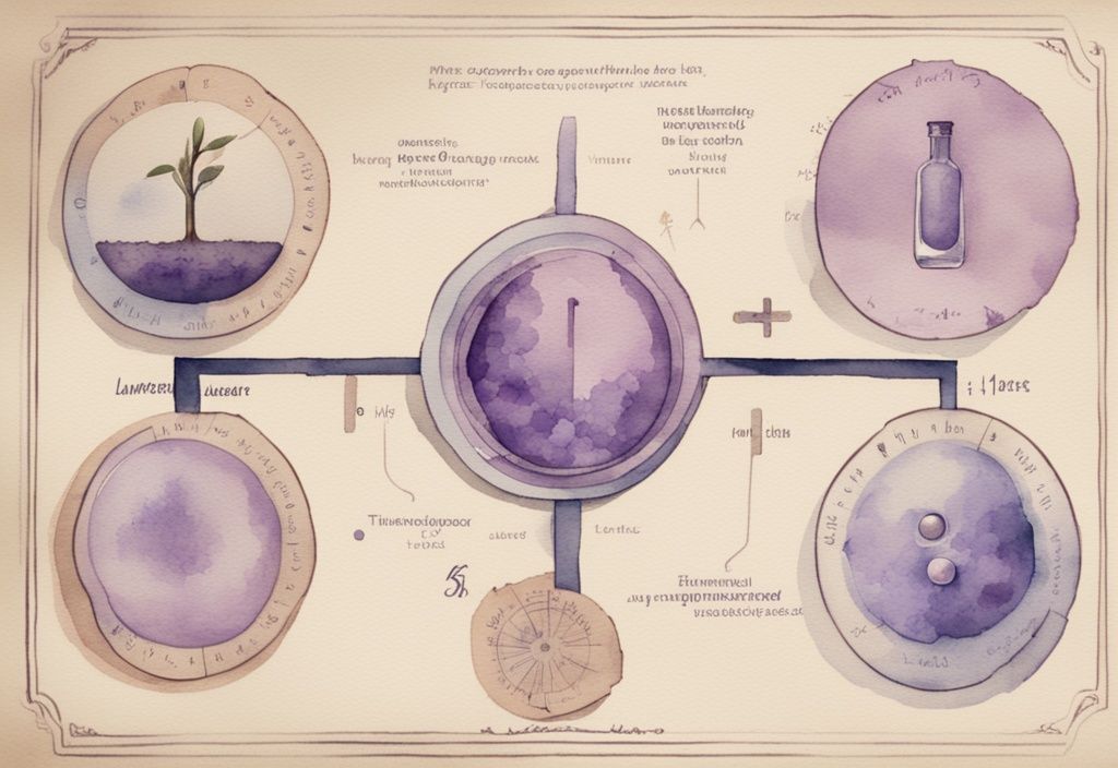 Vintage watercolor timeline illustration of Huntington's Disease symptoms in lavender theme