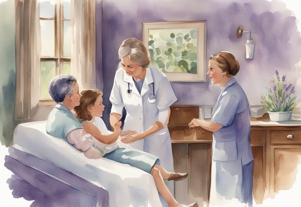 Vintage watercolor illustration of a compassionate healthcare professional explaining how does hospice work to a family in a calm, comforting lavender-themed environment.