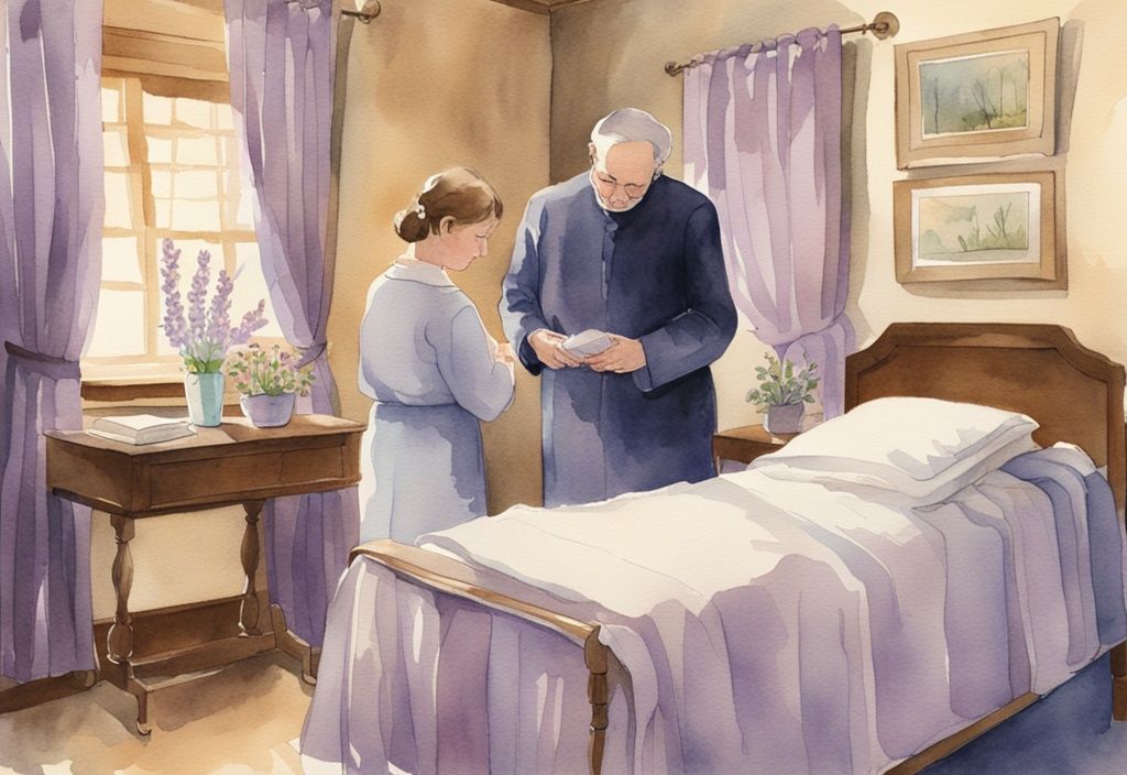 Vintage watercolor illustration of a hospice chaplain comforting a family in a softly lit room with a lavender color theme.