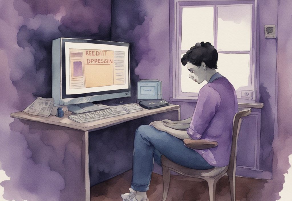 Vintage watercolor illustration of a person in a dimly lit room, hunched over a computer displaying the Reddit homepage with a subreddit about depression, main color theme lavender.