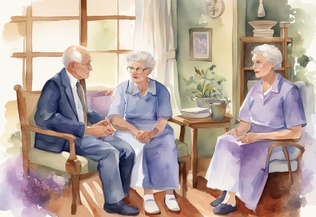 Elderly couple discussing with compassionate healthcare professional in vintage lavender watercolor illustration