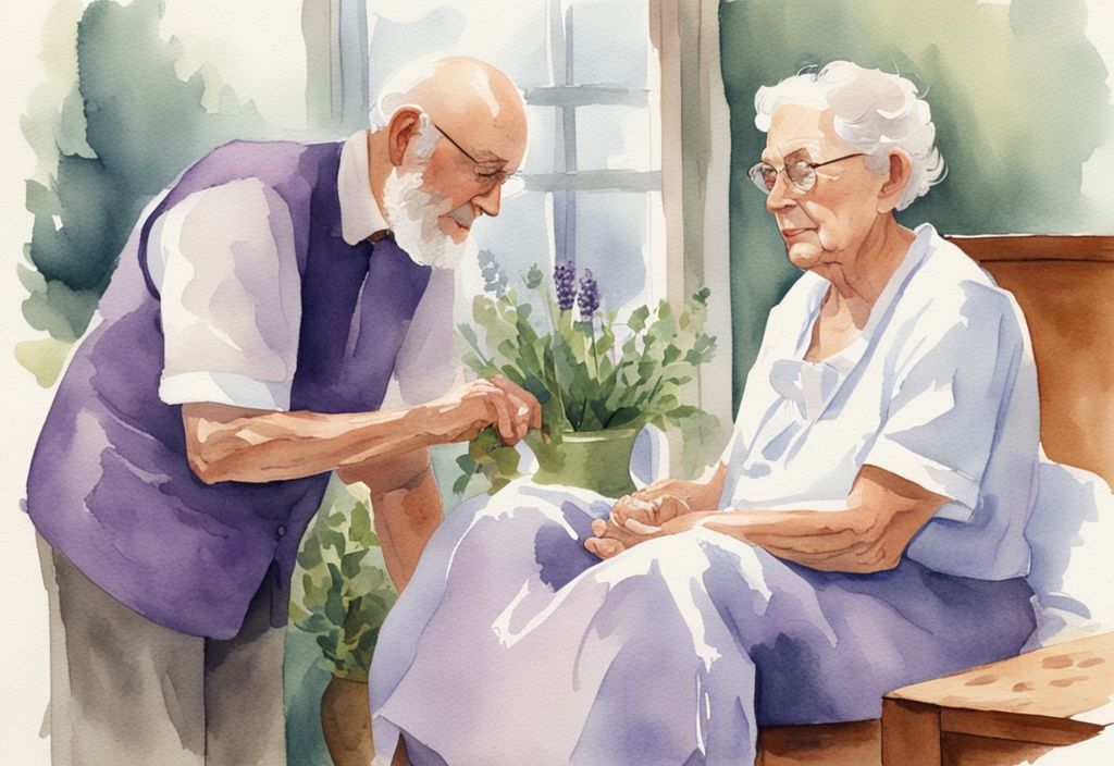 Vintage watercolor illustration of a hospice chaplain comforting an elderly patient in lavender tones, highlighting compassion and care.