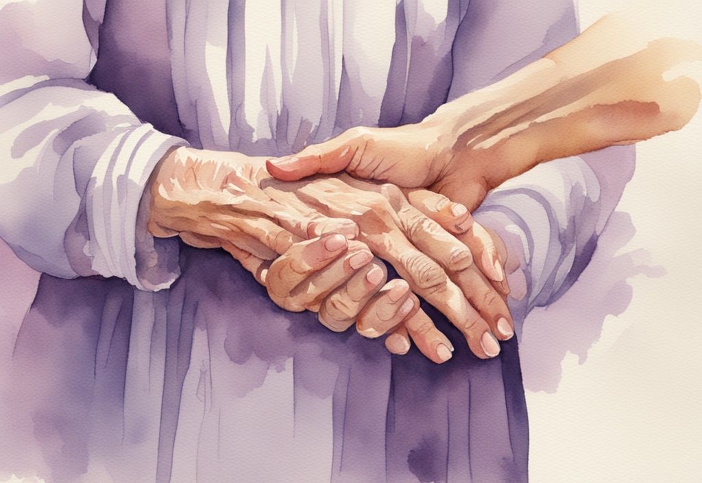 Vintage watercolor illustration of a hospice caregiver holding an elderly patient's hand, offering comfort and support, with a lavender color theme.