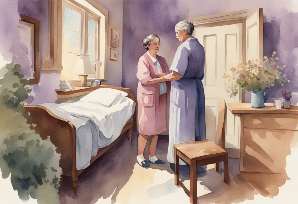 Vintage watercolor illustration of a hospice MSW comforting a patient and family in a lavender-themed setting.