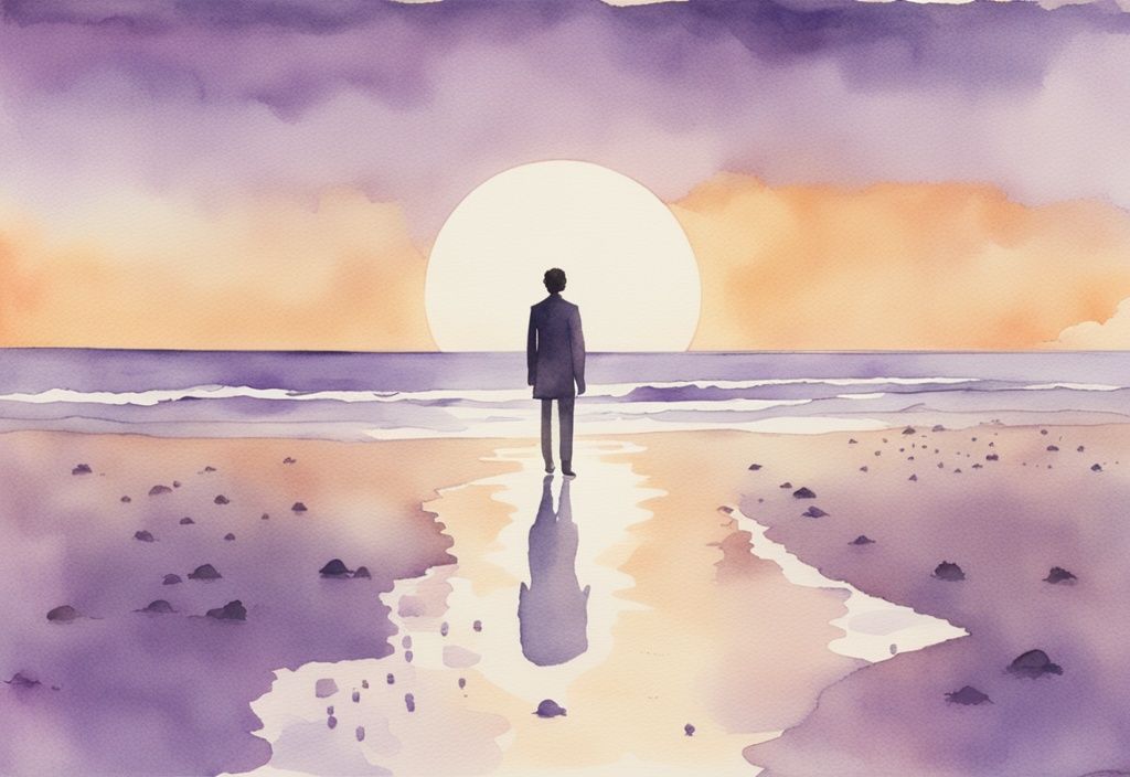 Vintage watercolor illustration of an adult on a beach at sunset with lavender hues and merging footprints behind them