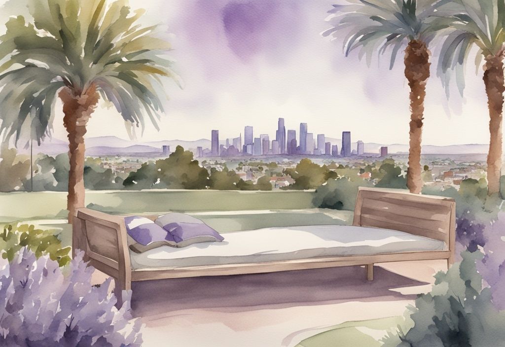 Vintage watercolor illustration of a serene hospice in Los Angeles with lavender tones, palm trees, and city skyline in the background.