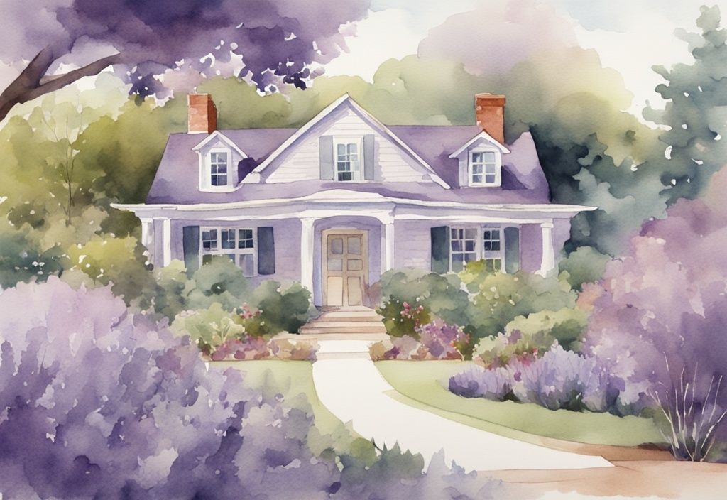 Vintage watercolor illustration of a lavender-themed hospice house in a tranquil garden with healthcare professionals comforting residents.