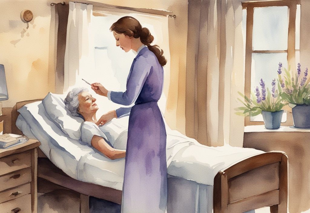 Vintage watercolor illustration of a compassionate healthcare professional in a serene hospice setting, interacting warmly with a patient, highlighting hospice jobs.