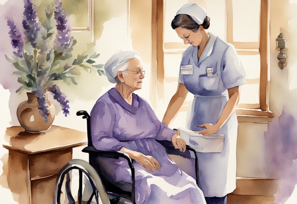 Vintage watercolor illustration of a hospice care environment with a caring nurse holding an elderly patient's hand, evoking compassion and tranquility in lavender tones.