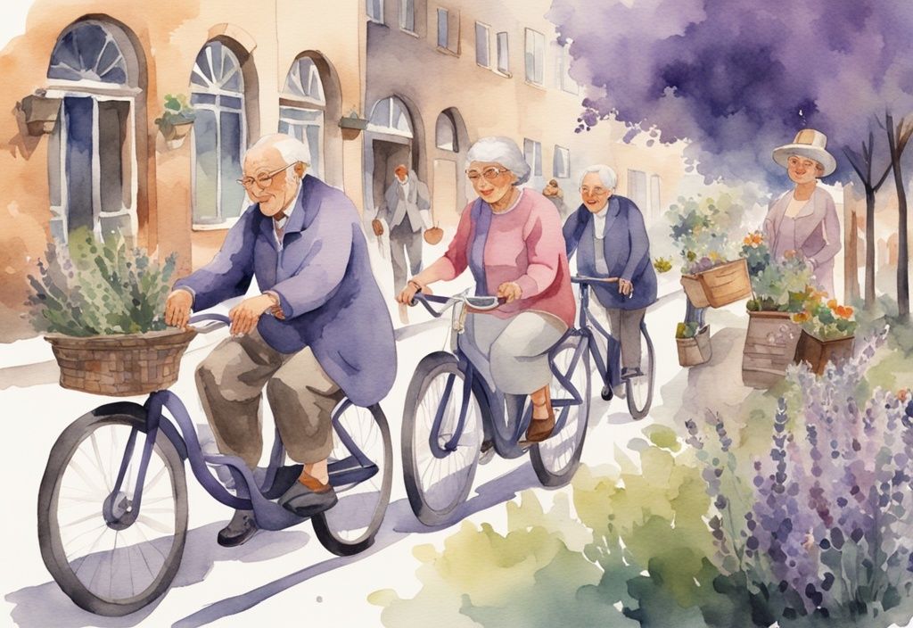 Vintage watercolor illustration of elderly individuals cycling, reading, and gardening in a modern European city, promoting Towards Age Friendly Europe.