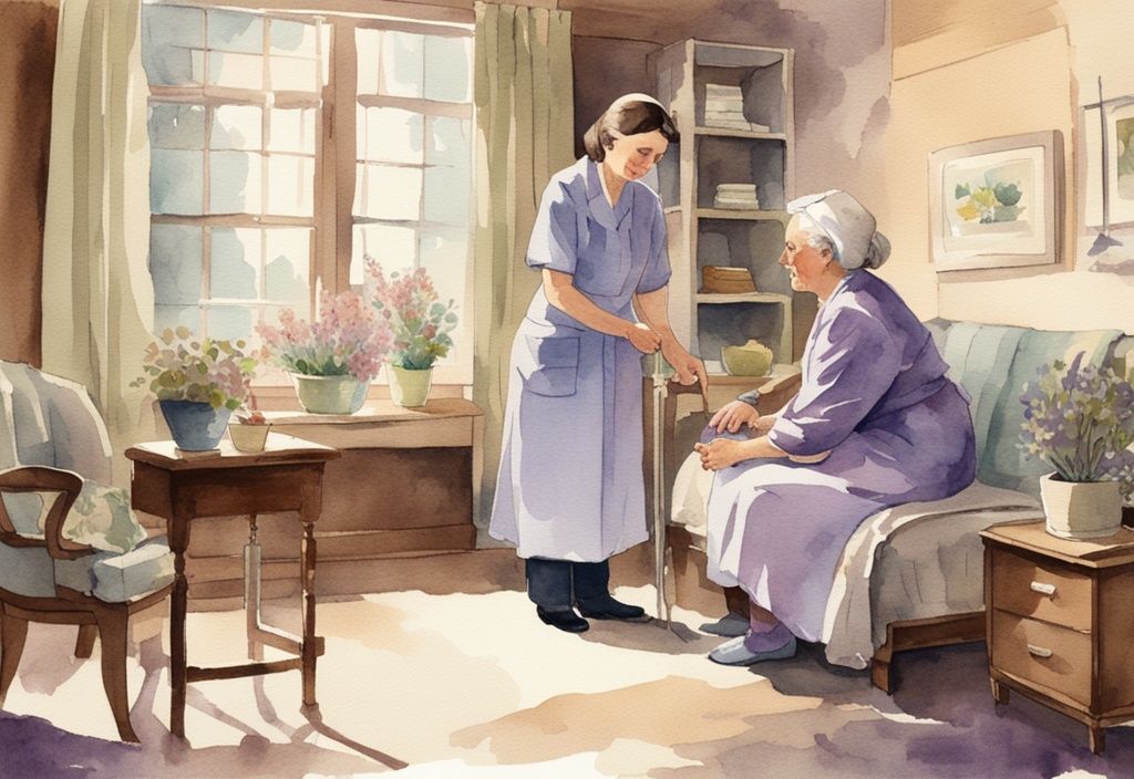 Vintage watercolor illustration of a compassionate nurse caring for a serene elderly patient in a lavender-themed, home-like setting