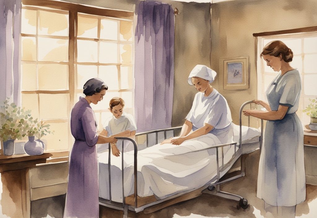 Vintage watercolor illustration of a serene hospice environment with a nurse consulting a patient and family, highlighting hospice evaluation process, main color theme lavender.