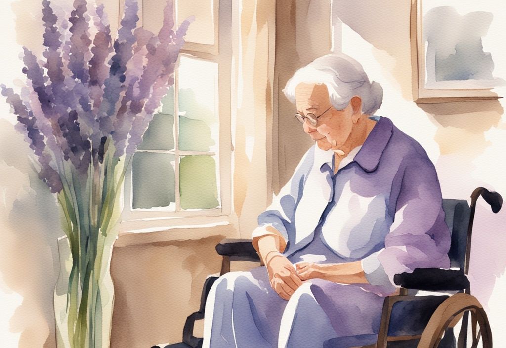 Vintage watercolor illustration of a hospice volunteer comforting an elderly patient in a peaceful, lavender-themed room with soft light.