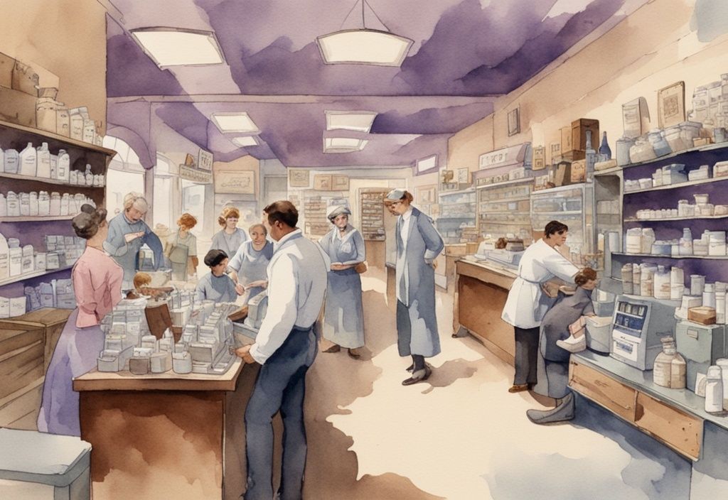 Vintage watercolor illustration of a bustling medical supply store in Sacramento with lavender theme, showcasing various medical equipment and supplies, and interactions between customers and staff.