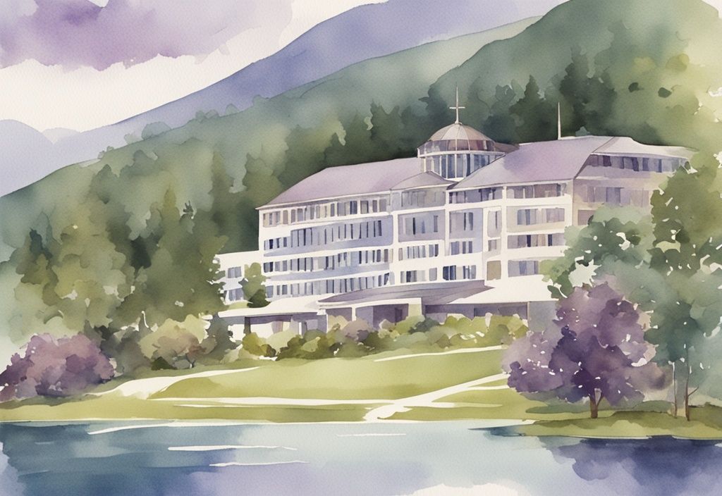 Vintage watercolor illustration of a modern healthcare facility in Lakeland surrounded by lush greenery and a serene lake, with a lavender color theme.