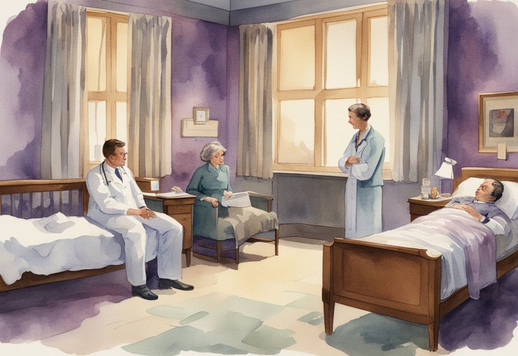 Vintage watercolor illustration of a concerned doctor discussing sepsis end of life symptoms with a family in a quiet, private hospital room, main color theme lavender.