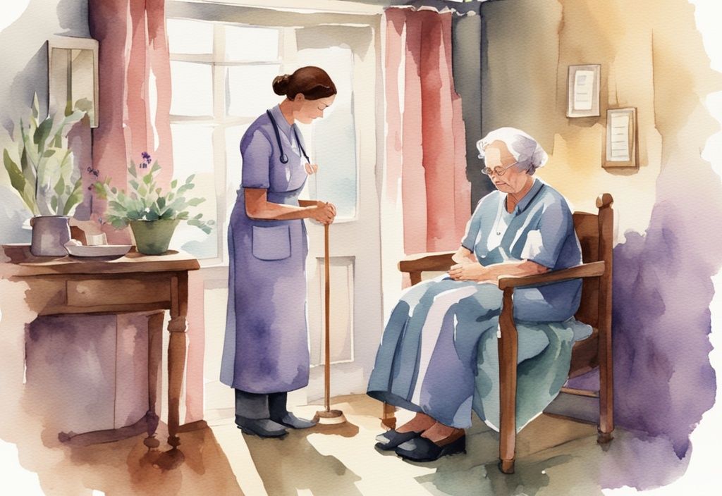 Vintage watercolor illustration of a hospice nurse comforting an elderly patient in a peaceful, lavender-themed home environment.