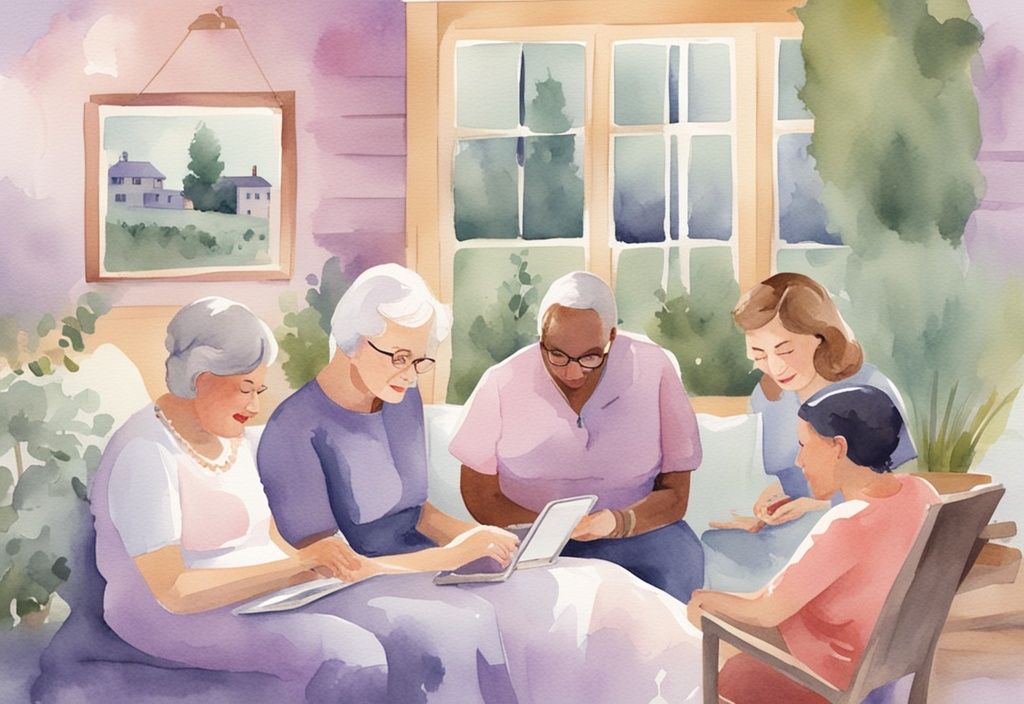 Vintage watercolor illustration of people reading Vitas Hospice reviews on digital devices with a serene lavender-themed background of the hospice facility.