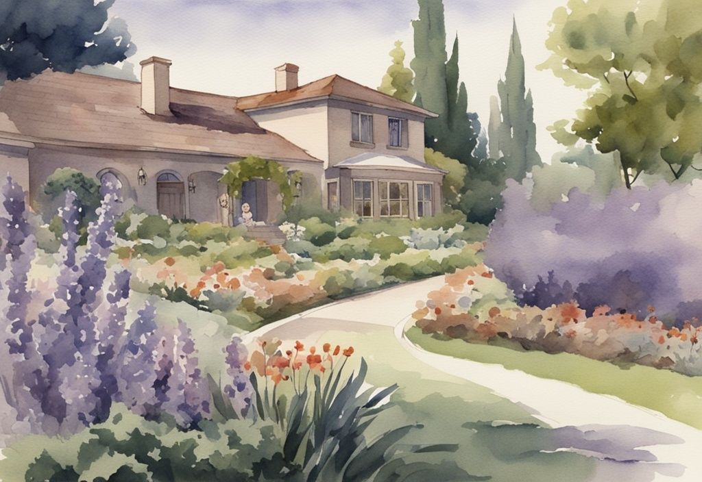 Vintage watercolor illustration of a hospice in Sacramento with lavender tones, lush greenery, peaceful garden, and staff providing compassionate care to a patient.