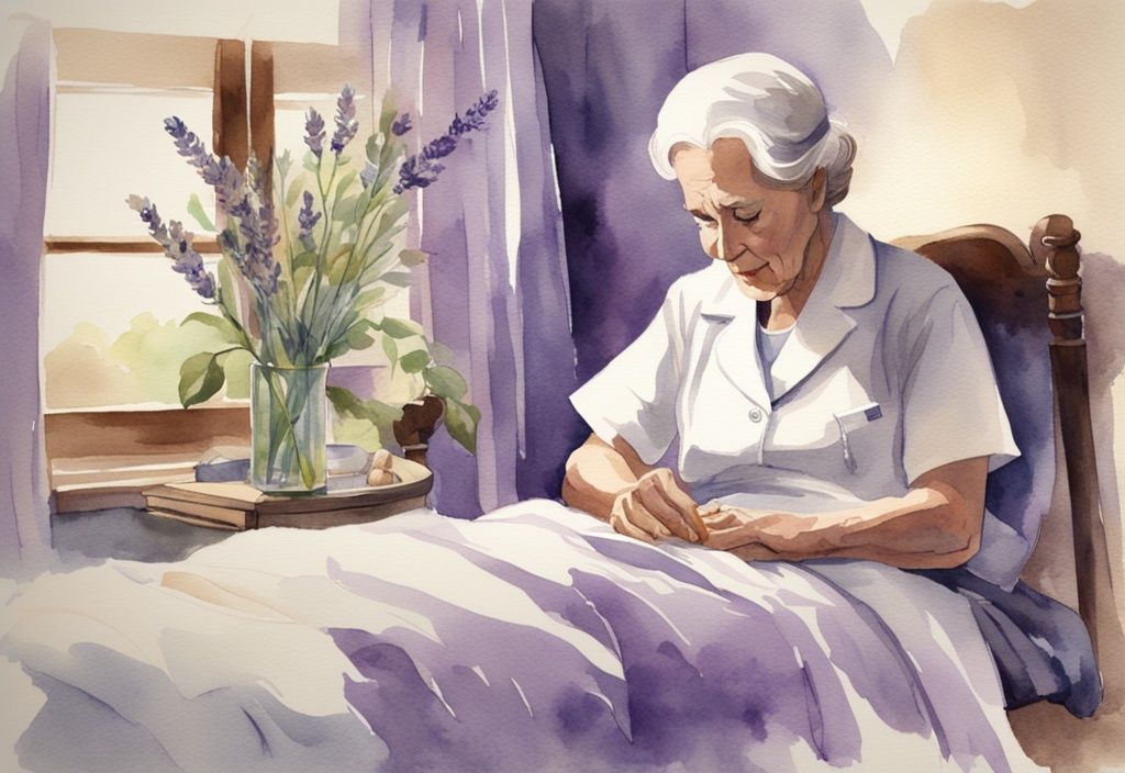 Vintage watercolor of nurse caring for elderly patient in serene lavender-themed hospice environment