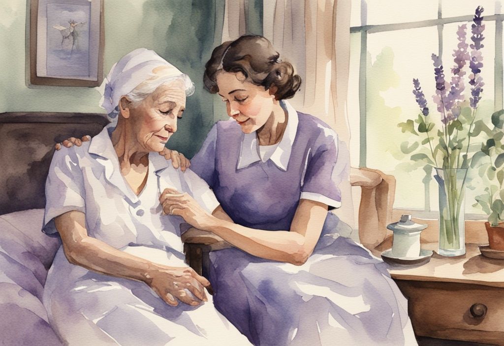 Vintage watercolor illustration of a compassionate hospice nurse comforting an elderly patient in a peaceful, home-like environment with a lavender color theme.