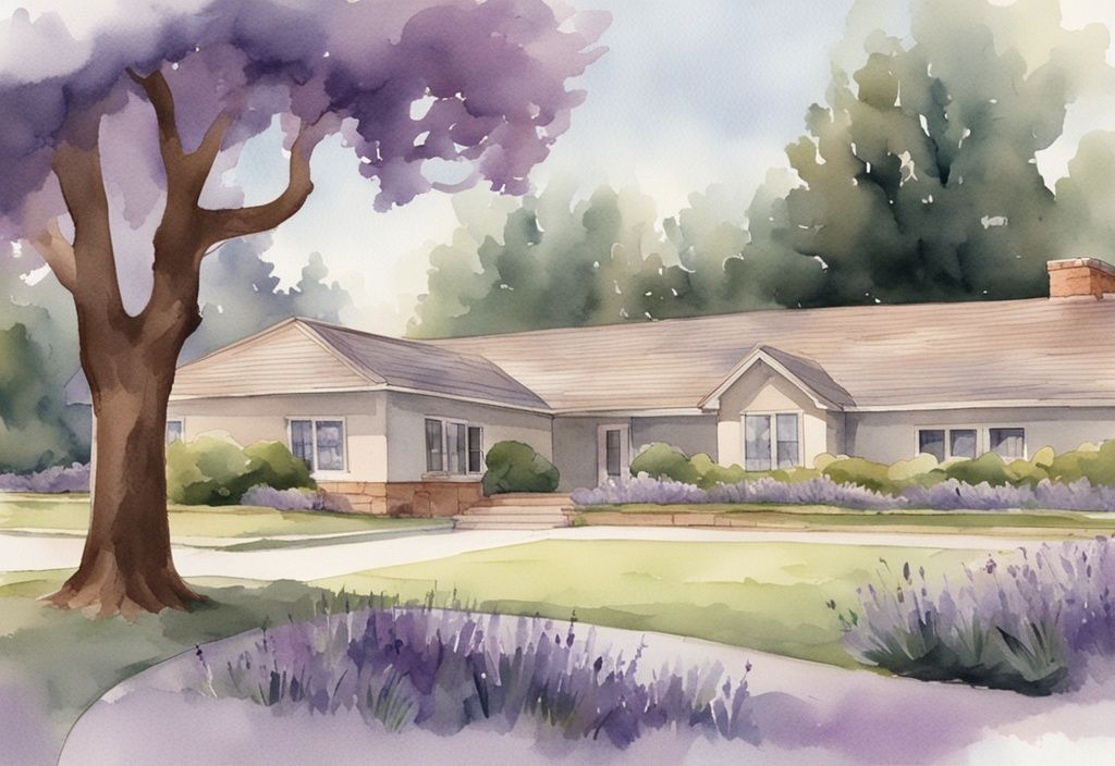 Vintage watercolor illustration of a serene hospice Sacramento environment, highlighting caring staff, peaceful rooms, and beautiful nature.