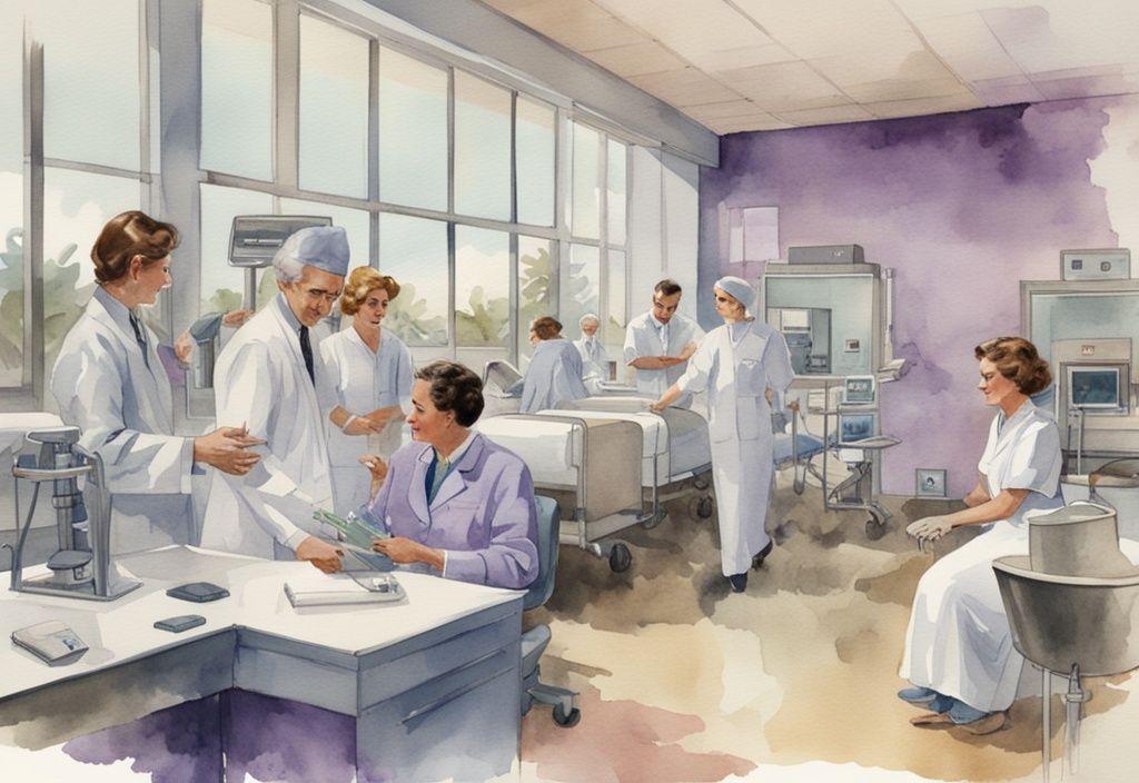 Vintage watercolor illustration of modern healthcare facility in Miramar with medical professionals, patients, and state-of-the-art medical equipment, main color theme lavender.