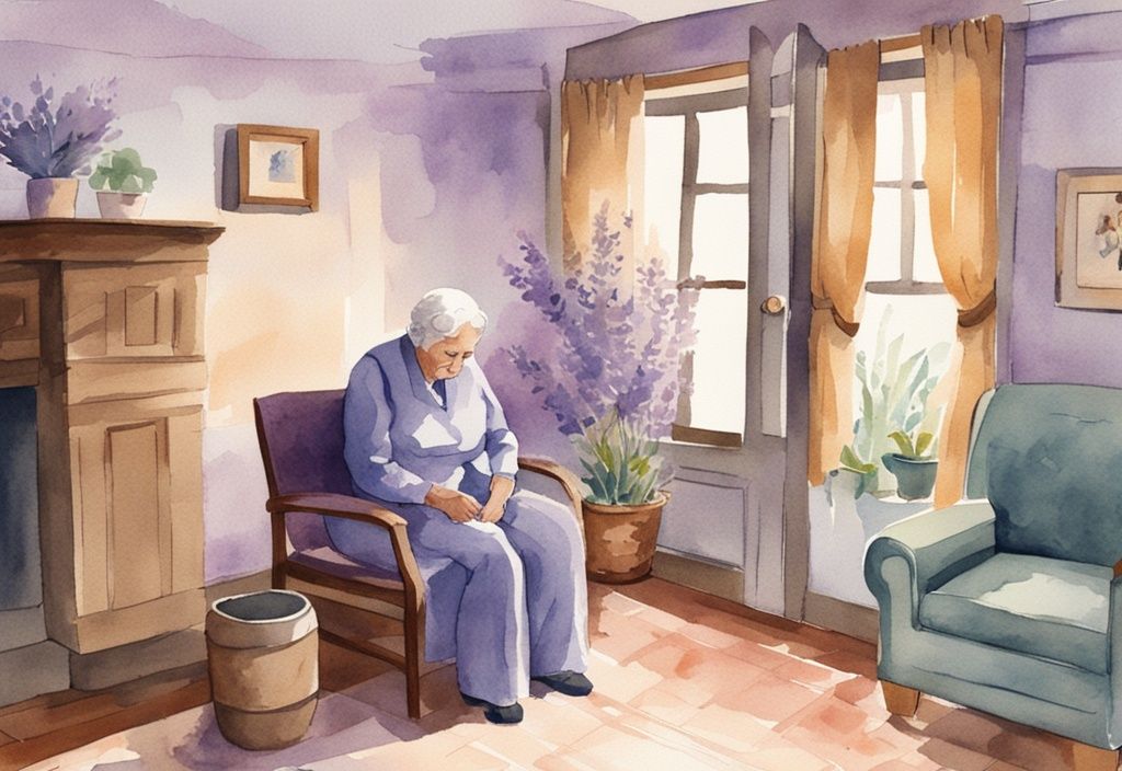 Vintage watercolor illustration of a compassionate hospice aide comforting an elderly patient in a serene, lavender-themed room.