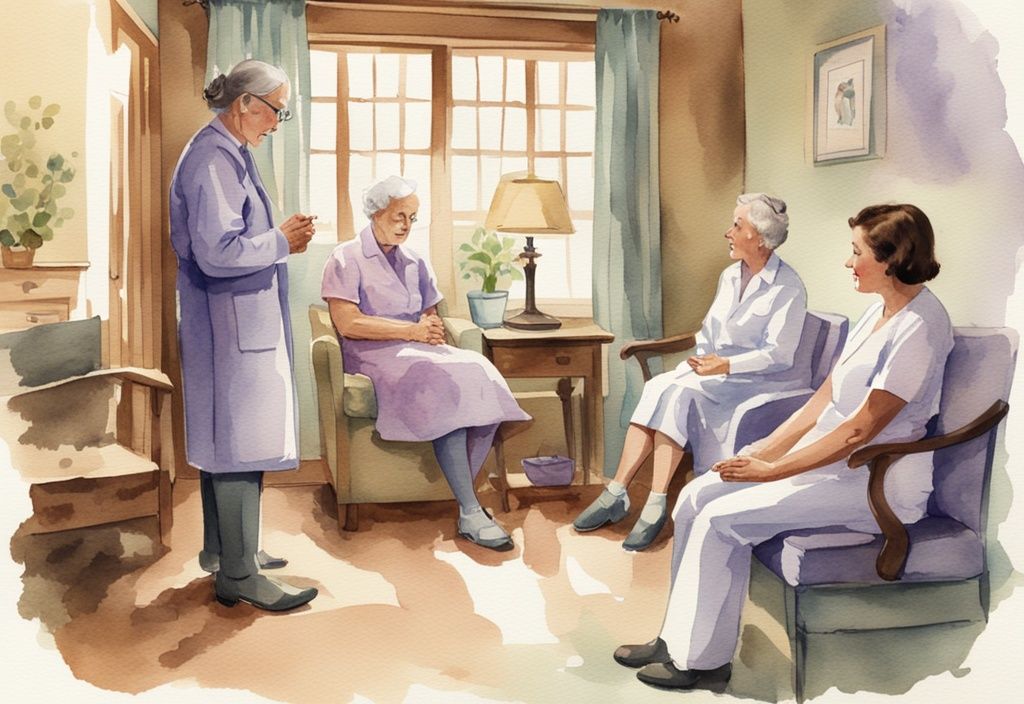 Vintage watercolor illustration of a healthcare professional explaining what qualifies for inpatient hospice care to a concerned family in a calm lavender-themed setting.