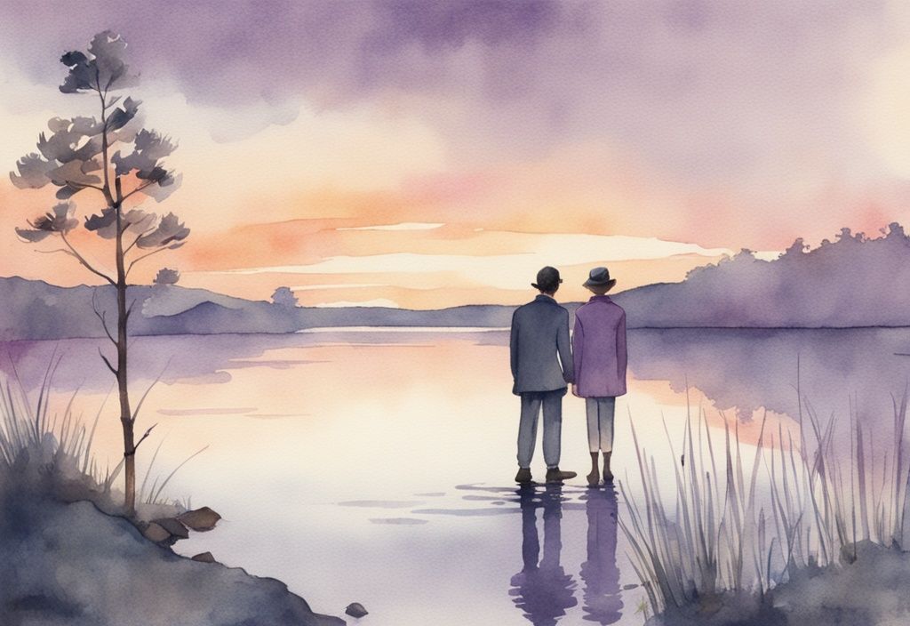 Vintage watercolor illustration of two adult figures at a serene lake at sunset with lavender hues, symbolizing the absence of a sibling.