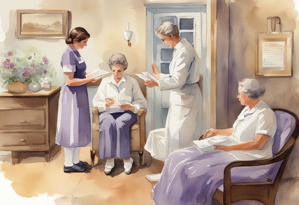 Vintage watercolor illustration of a compassionate nurse explaining paperwork to a family in a calm hospice environment with a lavender color theme.