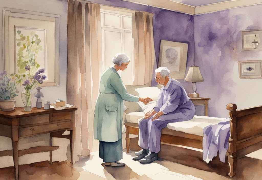 Vintage watercolor illustration of a hospice physician comforting an elderly patient in a serene, lavender-themed room.